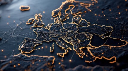 A glowing, stylized map of Europe, with illuminated borders and interconnected nodes, set against a dark, textured background