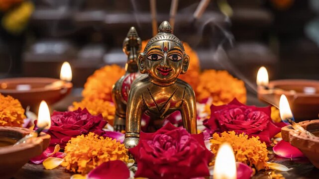 Golden Bal Gopal Idol Surrounded by Flowers and Lit Diyas, Celebrating Hinduism and Spirituality