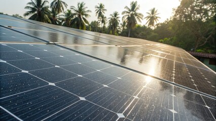 Solar panels in India harness sunlight for eco friendly energy amid lush greenery and palm trees, promoting sustainable ecotourism
