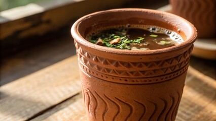 Warm cup of traditional Indian soup in earthenware pot evokes sense of eco friendly dining and cultural richness
