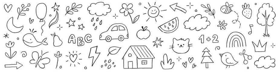 Kids outline hand drawn sun, flower cute school background. Crayon pencil stroke school doodle flower, sun, rainbow children elements. Kid style cute baby star, tree, heart shapes. Vector illustration