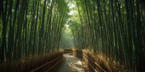 Obraz premium Sunlight filters through a lush green bamboo forest path with wooden railing
