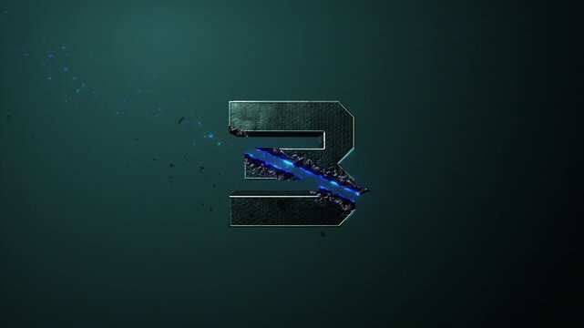 High quality 3D animated number Title Card or Chapter graphic, with hi tech sci-fi style 3 digit being zapped and sliced by a high powered laser, on a teal background