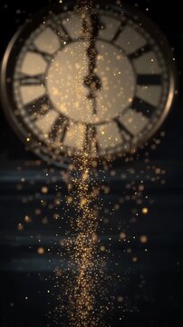 Vintage gold clock with hands at midnight, golden sparkles cascading down against dark blue background, symbolizing New Year's countdown and magic