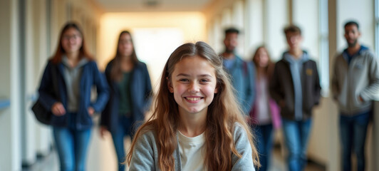 Smiling student passes smiling girl in wheelchair with books, smiling girl in bustling campus corridor. School or college banner with students. Inclusive education banner.