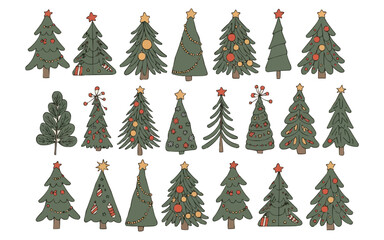 Obraz premium Charming collection of hand drawn decorative Christmas trees adorned with ornaments and stars, perfect for festive holiday designs and winter themes.