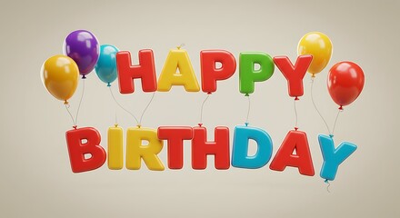 Vibrant 3D 'Happy Birthday' lettering with festive balloons, creating a cheerful graphic design for celebrations, greeting cards, and party invitations on a warm, inviting background
