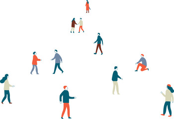 手描き風のゆるい人々のイラスト｜冬の街を歩くシンプルな人物素材