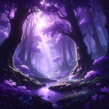 Enchanting forest scene with a purple hue, streams, and a light source. The canopy is lush
