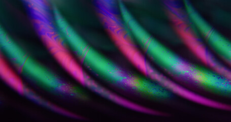 Blur psychedelic texture. Circling fluid. Purple pink green color curve paint dark black bubble floating on abstract neon art acrylic background.