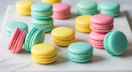 Obraz premium Variety Of Colorful Macarons Display, French Pastry Dessert, Elegant Sweet Shop