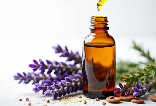 Lavender oil bottle over whte background. Herbalist workspace with lavender and seeds offers tranquil floral aroma in simple. Beauty and spa product. Herbal aroma essential.