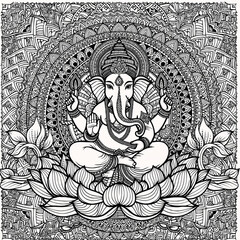 Intricate black and white vector illustration of Lord Ganesha sitting on a lotus flower, filled with complex mandala patterns and fine ornamental details. 