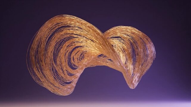 Golden, flowing, complex, twisting wire art on purple gradient backdrop - Powered by Adobe
