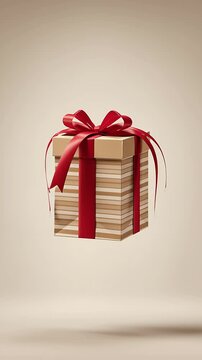 White sale tag hanging from red string with falling snowflakes and soft bokeh lights on gray background, winter shopping promotion vibe