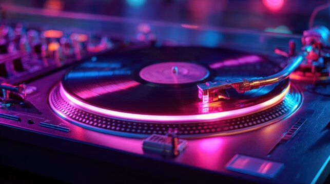 A vinyl record rotates smoothly on a turntable, illuminated by vibrant lights in a music venue. The atmosphere is energetic as people enjoy the sound of live DJ mixing and dancing.