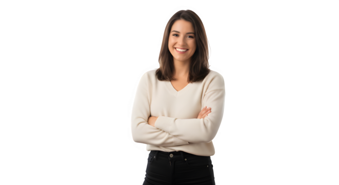 A woman wearing a white sweater poses for the camera, exuding a friendly and approachable vibe