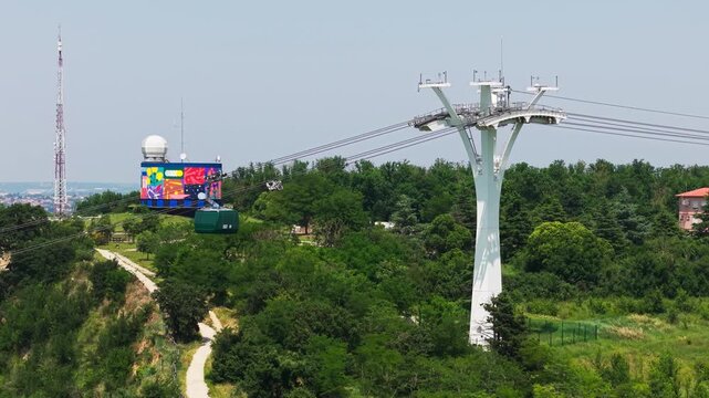 Drone flying over Pech David Hill in Toulouse France, View on cable car.