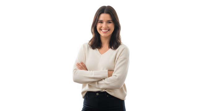 A woman in a white sweater stands confidently, posing for the camera with a warm smile