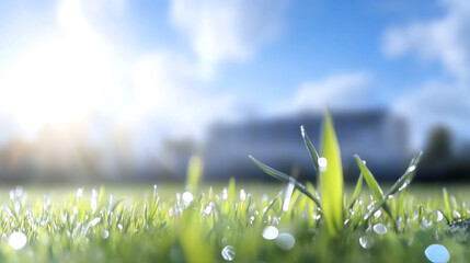 Naklejka premium Beautiful close-up of fresh green grass with dew in the sunlight, evoking a serene natural atmosphere.