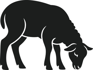 Black sheep vector silhouette grazing on white background