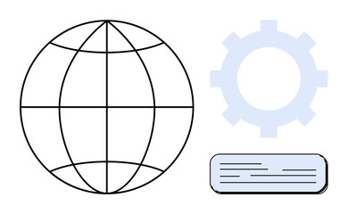 Wireframe globe, gear icon, and text box combine to represent global networking, technology, and data integration. Ideal for technology, communication, systems, collaboration global business