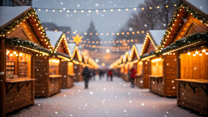 Magical snowy evening at a european christmas market with illuminated wooden stalls and festive string lights
