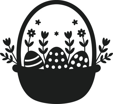 Black silhouette of an Easter basket filled with patterned eggs and flowers