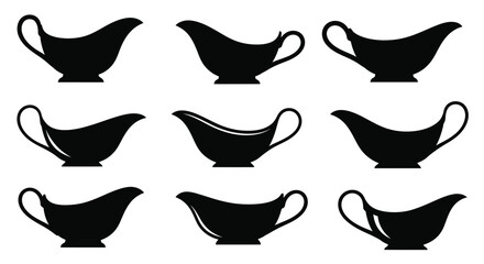 A collection of various black silhouette gravy boats on a white background
