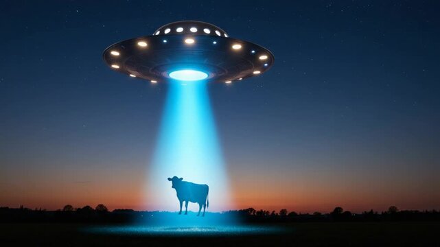 Flying Saucer Abducting a Cow with a Beam of Light at Night