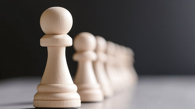 A row of white pawn chess pieces, with the front pawn in sharp focus, leading the blurred line against a dark backdrop, symbolizing strategy, leadership, and collective action.