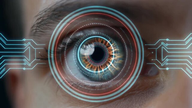 Close up shot shows eye scan using futuristic biometric technology - Powered by Adobe