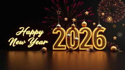 Happy new year 2026 with glowing numbers and fireworks celebration