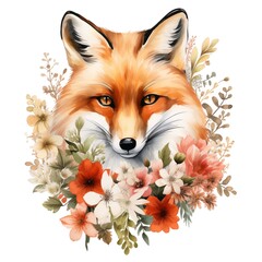 Obraz premium Red fox portrait surrounded by a wreath of watercolor flowers