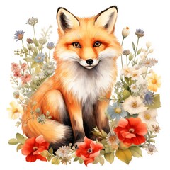 Obraz premium Adorable fox sitting amidst a vibrant array of wildflowers