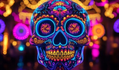Colorful neon skull design for the Mexican Day of the Dead celebration, symbolizing life, death, and cultural remembrance. A bright, dynamic representation of Mexican tradition artistry, Generative AI