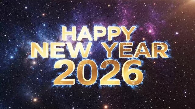 Glowing gold text reading Happy New Year 2026 against a vibrant starry night sky with shades of purple and blue.