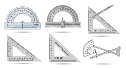 Vector illustration of drafting tools including protractors and set squares on a white background