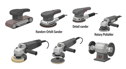 Collection of sanders and polishing machines on a white background