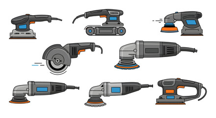 Vector icon set of sanding tools on white background