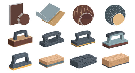 Vector illustration of sandpaper sheets and sanding blocks on a white background