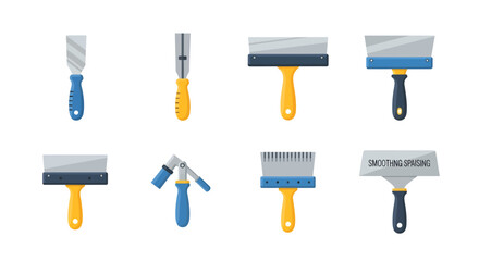 Collection of various scrapers and spatulas on a white background