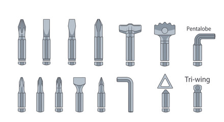 Vector icon set of screwdrivers and bits displayed on a white background