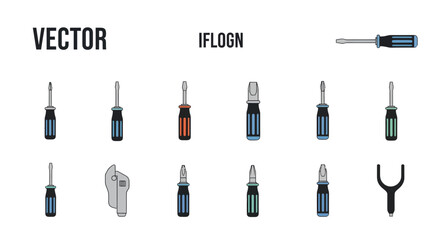 Vector icon set of screwdrivers and bits on white background