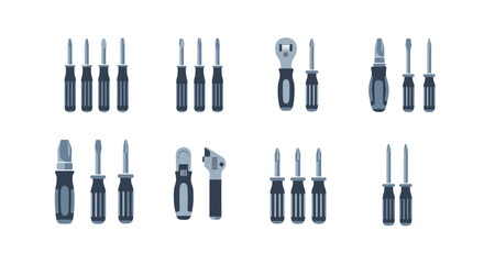Vector Icon Set of Screwdriver Heads and Precision Bits on White Background