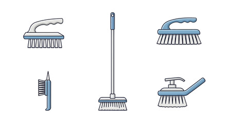 Vector icon set of scrub brushes and handles on a white background, illustrating household cleaning tools and icons