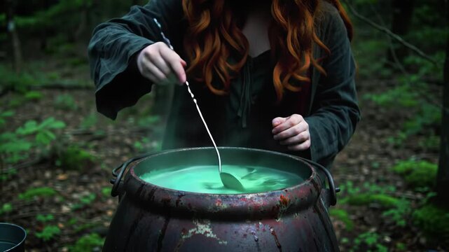 Witch stirring green potion in cauldron, deep woods background, mystical fantasy concept for advertising