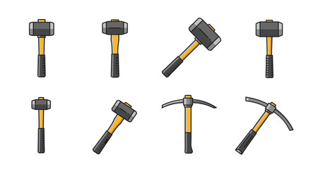 Vector Icon Set of Sledgehammers and Pickaxes on White Background