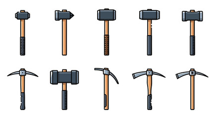 Collection of hammers and pickaxes displayed on a white background