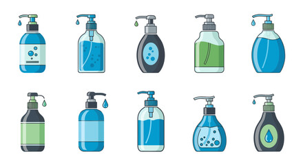 Collection of various soap dispensers and bottles on a white background, depicted in a minimal flat vector style